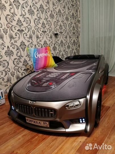 Кровать машинка графит с 3D обивкой