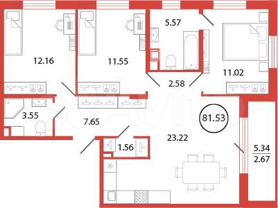 3-к. квартира, 81,5 м², 11/12 эт.