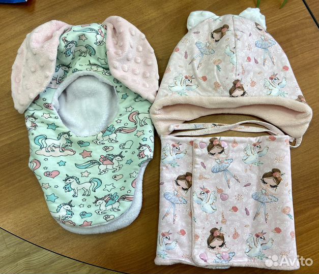 Зимний шлем Зайка и шапка со снудом для девочки