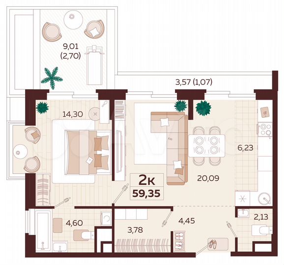2-к. квартира, 59,4 м², 2/9 эт.