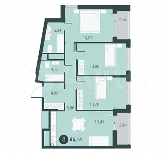 3-к. квартира, 86,1 м², 7/17 эт.