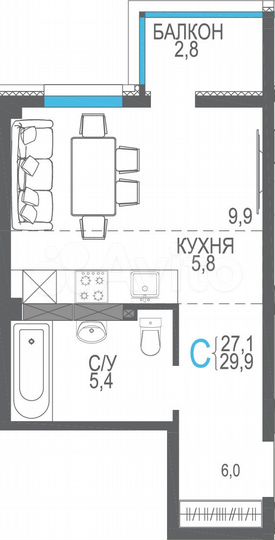 Квартира-студия, 29,9 м², 2/9 эт.