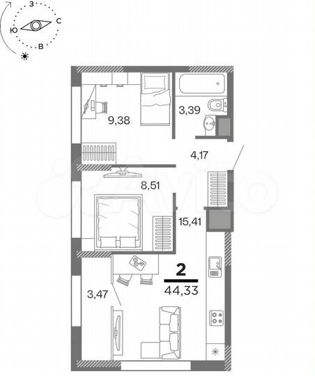 2-к. квартира, 44,3 м², 7/16 эт.