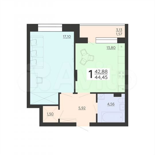 1-к. квартира, 44,5 м², 2/10 эт.