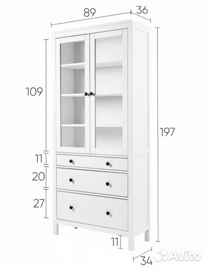 Шкаф-витрина Кымор, 3 ящика, 90х198х37 см, белый