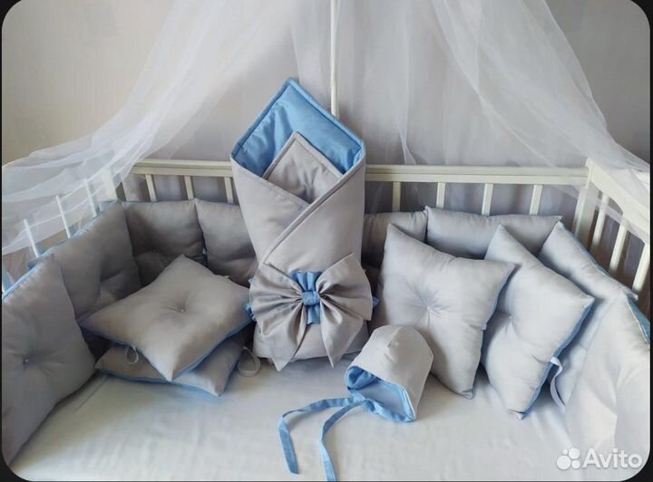 Бортики в кроватку+ конверт на выписку, балдахин