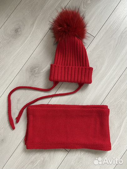Комплект шапка+шарф шерсть меринос натур.помпон