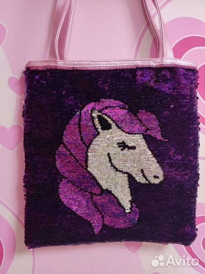 Розовая сумка шопер с пайетками,единорогом девочки