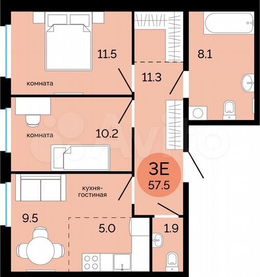3-к. квартира, 57,5 м², 2/17 эт.