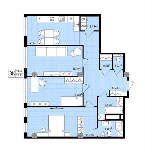 3-к. квартира, 97,4 м², 14/16 эт.
