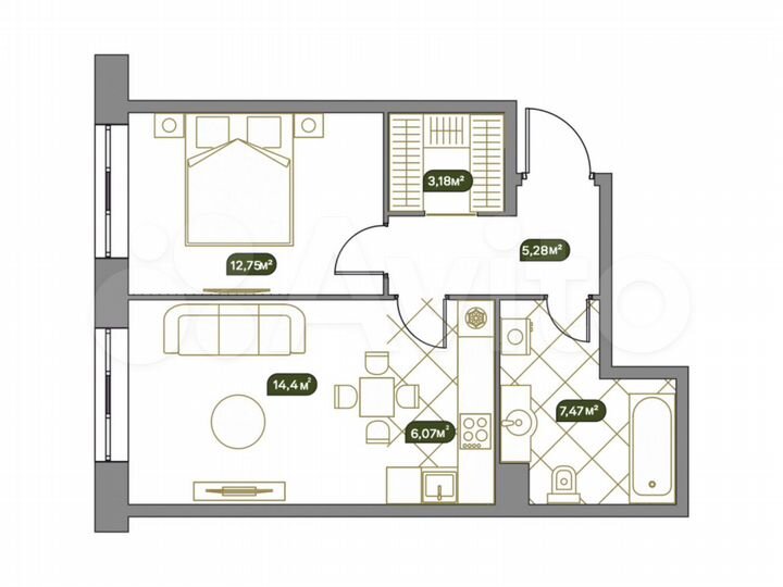 1-к. квартира, 49,3 м², 8/13 эт.