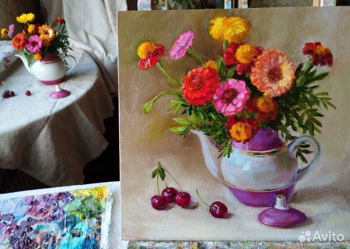 Картина с цветами и вишней маслом 30х30