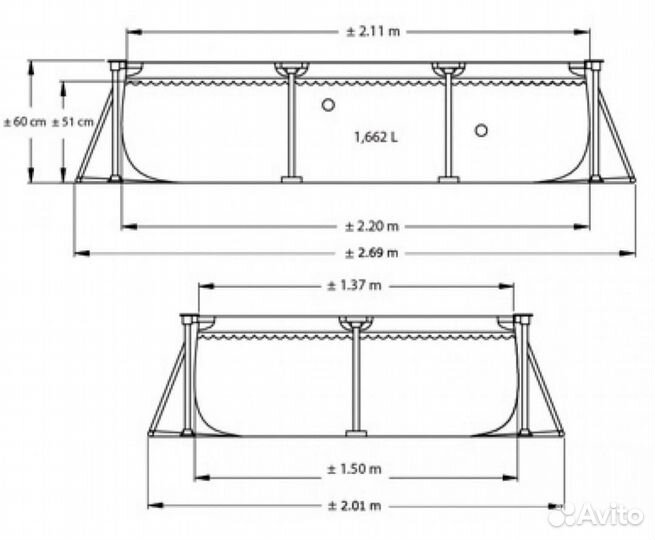 Бассейн каркасный прямоугольный 221х150х43