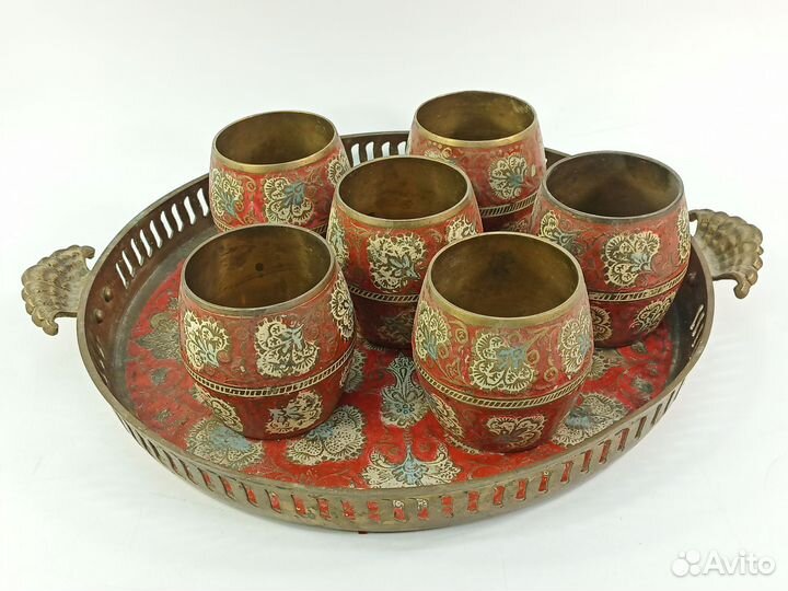 Поднос стаканы латунь эмаль Индия винтаж СССР