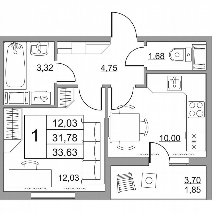 1-к. квартира, 33,6 м², 12/19 эт.