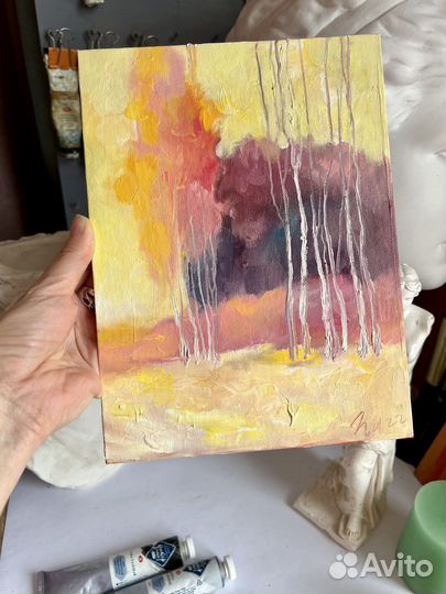 Картина маслом пейзаж, березы, 18/24 см