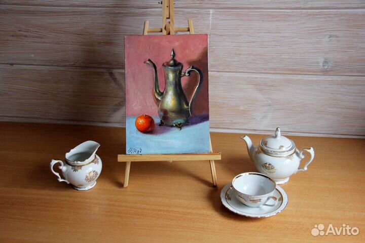 Картина маслом натюрморт Кофейник и мандарин