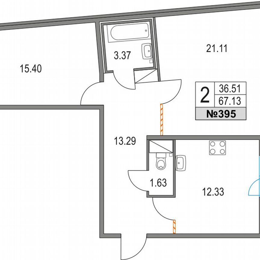 2-к. квартира, 67,1 м², 5/21 эт.