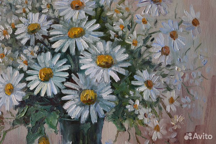 Картина маслом цветы Ромашки холст картон 35х40