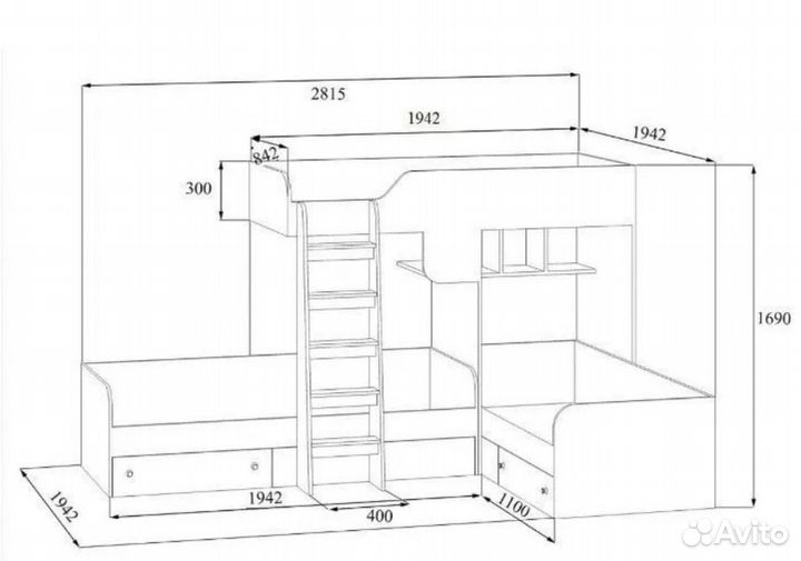 Двухъярусная кровать детская Дуб Молочный/Розовый