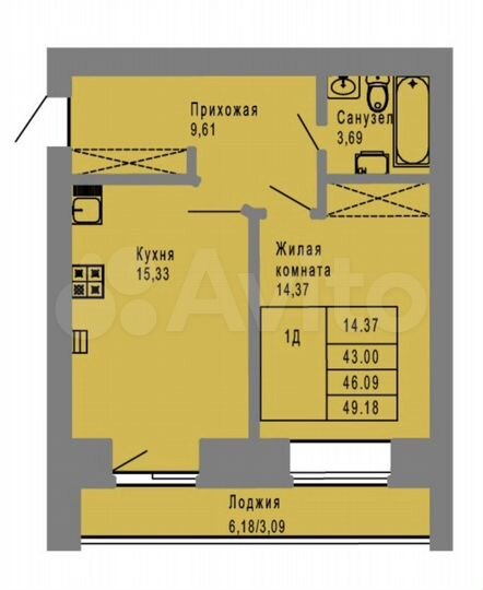 1-к. квартира, 49,2 м², 3/9 эт.