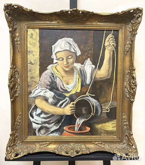 Винтажная картина «Девушка у колодца» холст, масло