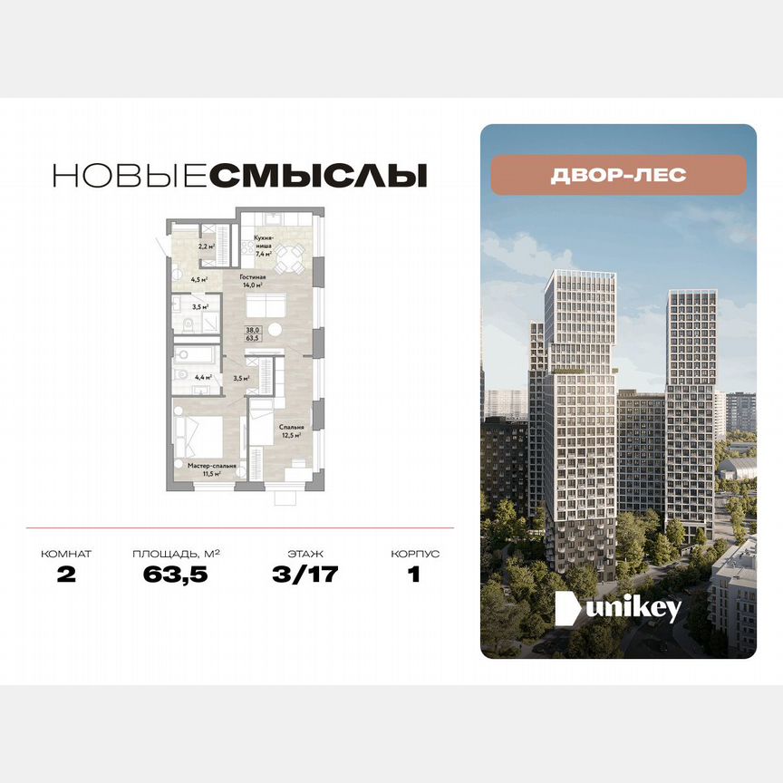 2-к. квартира, 63,5 м², 3/17 эт.