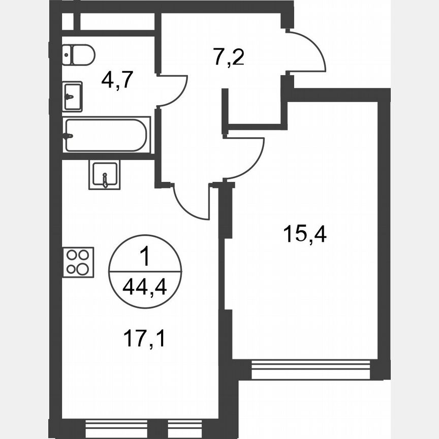 1-к. квартира, 44,4 м², 15/17 эт.