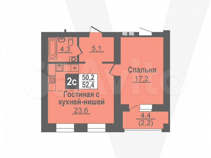 2-к. квартира, 52,4 м², 9/14 эт.