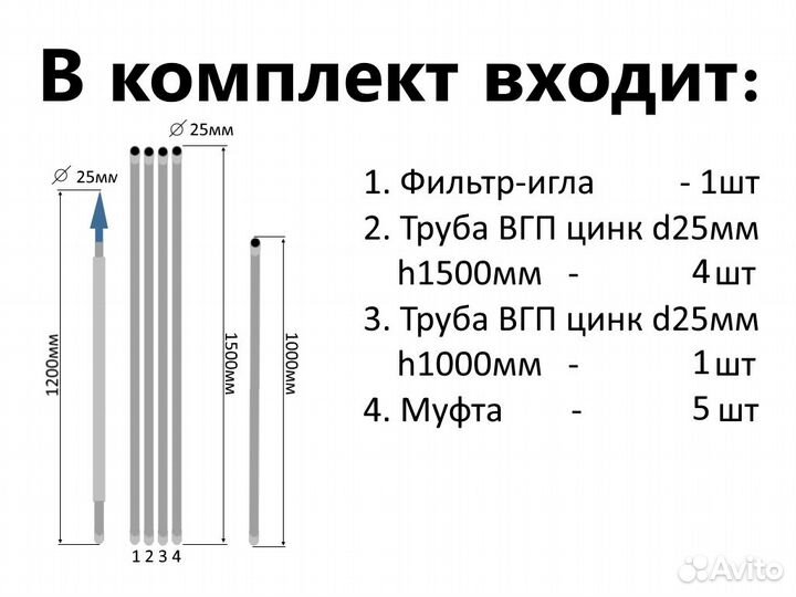 Комплект абиссинская скважина 8м вгп труба D25мм