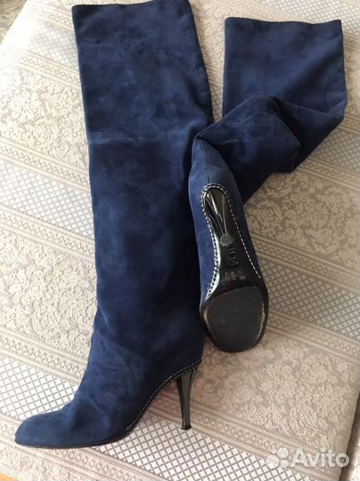 Сапоги ботфорты замшевые синие Baldinini Италия