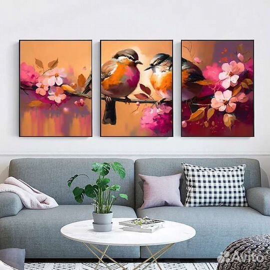 Модульная картина маслом Птички на ветке
