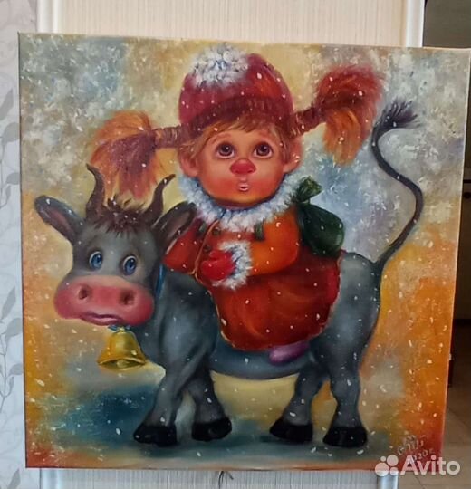 Картина маслом, Девочка и бычок, масло