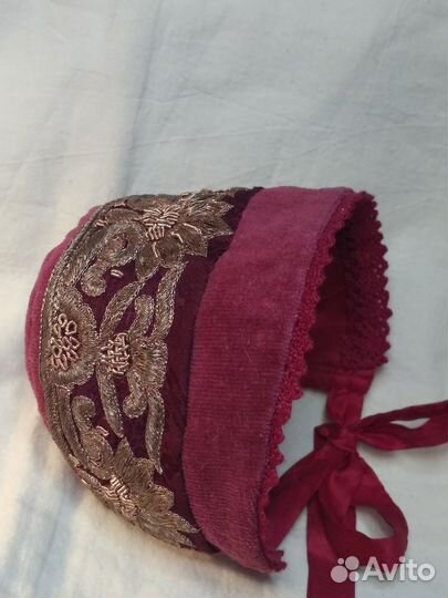 Бархатный бонет для антикварной куклы. ог 24см