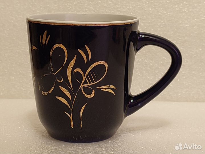 Кружка чайная. Фарфор. Гжель. Кобальт с позолотой