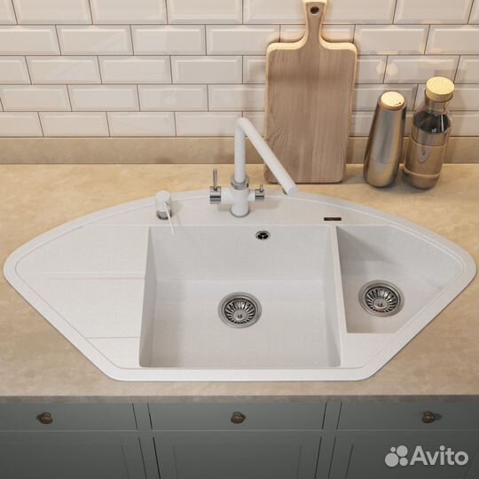 Кухонная мойка кварцевая угловая двухсекционная, белая