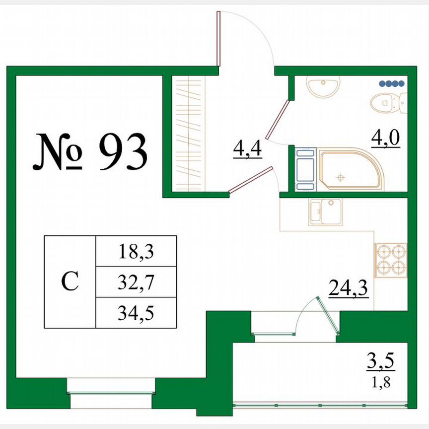 Квартира-студия, 34,5 м², 5/8 эт.