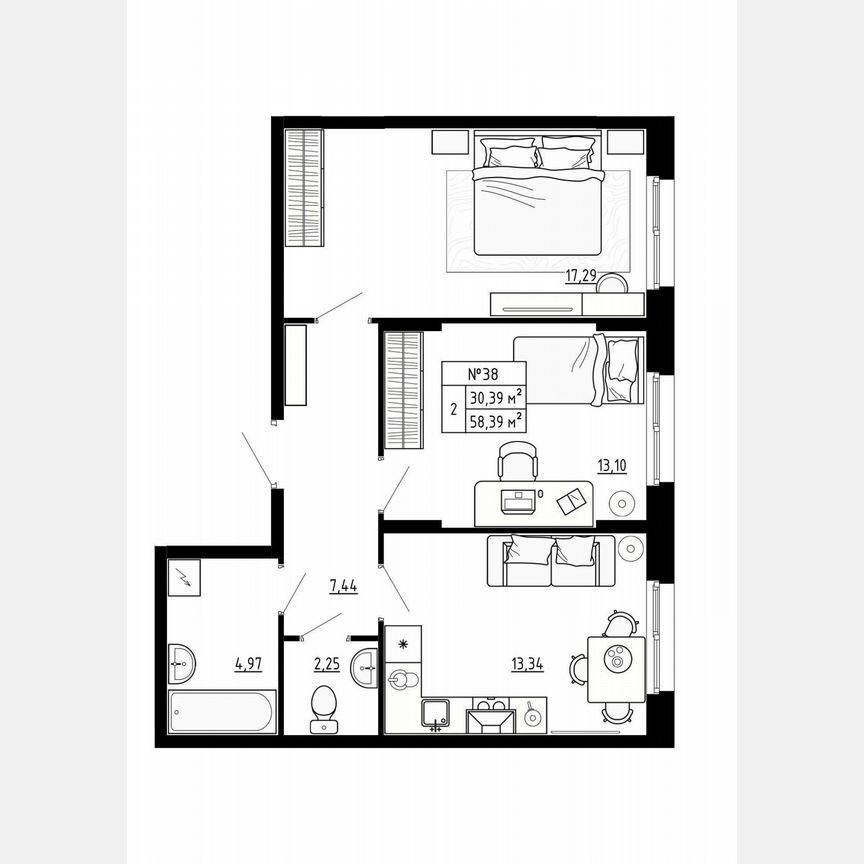 2-к. квартира, 58,4 м², 1/4 эт.