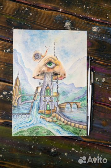 Картина акварелью Лесной пейзаж с грибом