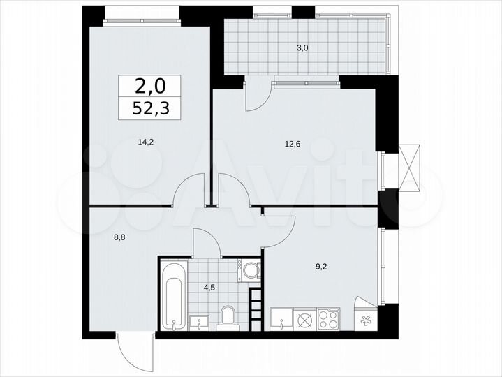 2-к. квартира, 52,3 м², 6/21 эт.