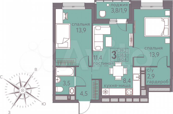 3-к. квартира, 60,4 м², 2/22 эт.