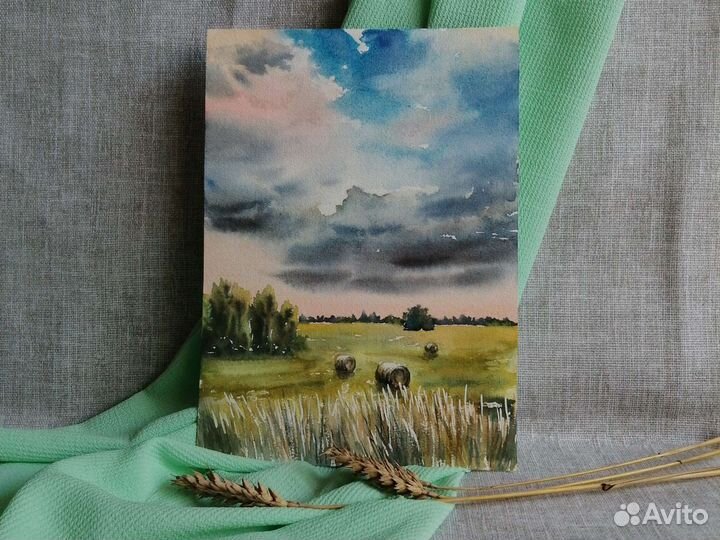 Картина акварелью деревенский пейзаж