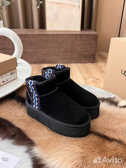 Угги с лентой женские UGG замша овчина чёрные