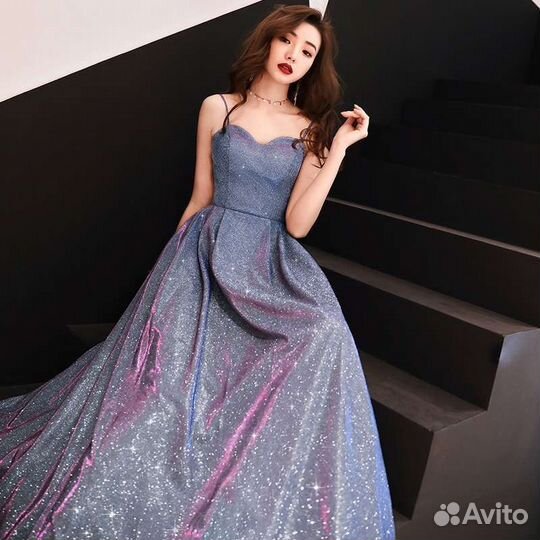 Платье вечернее длинное синее, серебряное