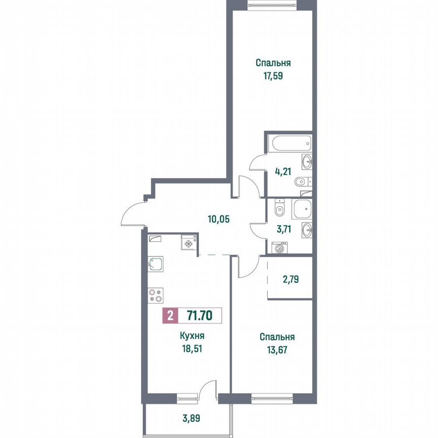 2-к. квартира, 71,7 м², 2/16 эт.