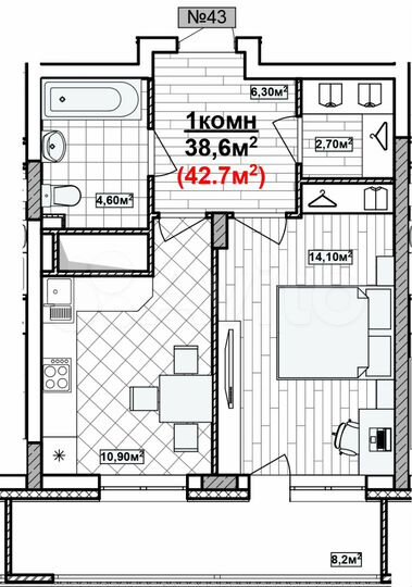 1-к. квартира, 42,7 м², 13/19 эт.
