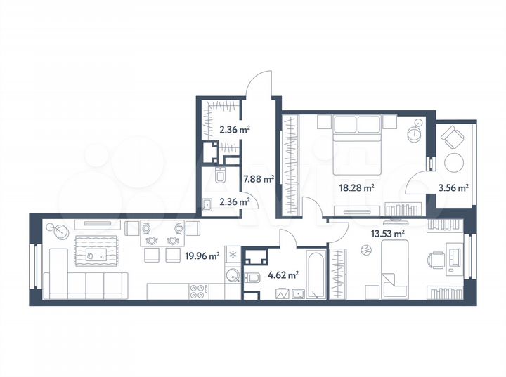 3-к. квартира, 70,8 м², 12/25 эт.