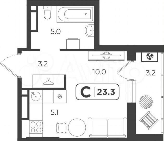 Квартира-студия, 23,3 м², 12/17 эт.