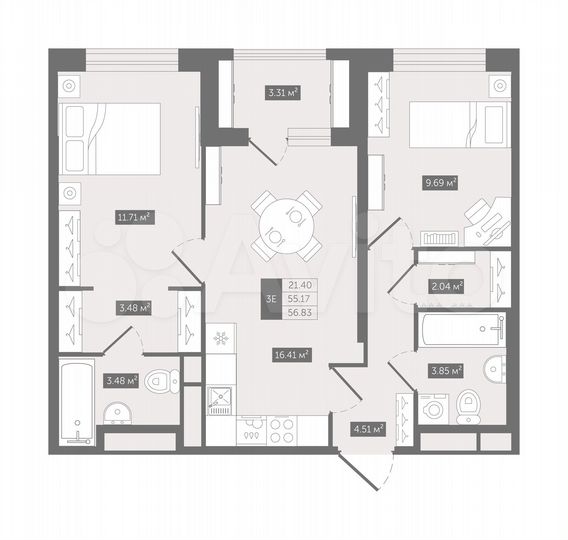 2-к. квартира, 56,8 м², 4/12 эт.