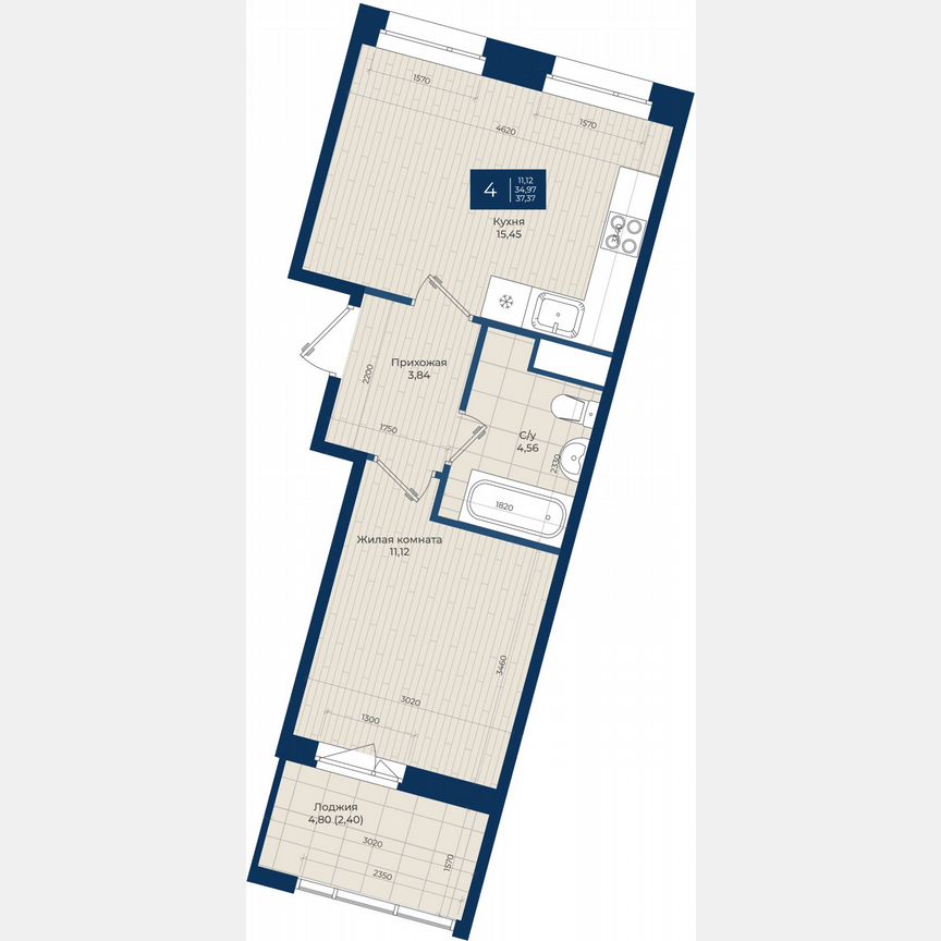 1-к. квартира, 37,4 м², 2/12 эт.